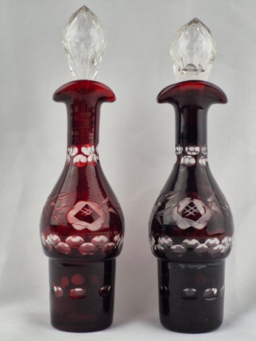 Antique Bohemian Ruby Red Cut to Clear Glass Cruet Bottles w/ Stoppers Lot of 2